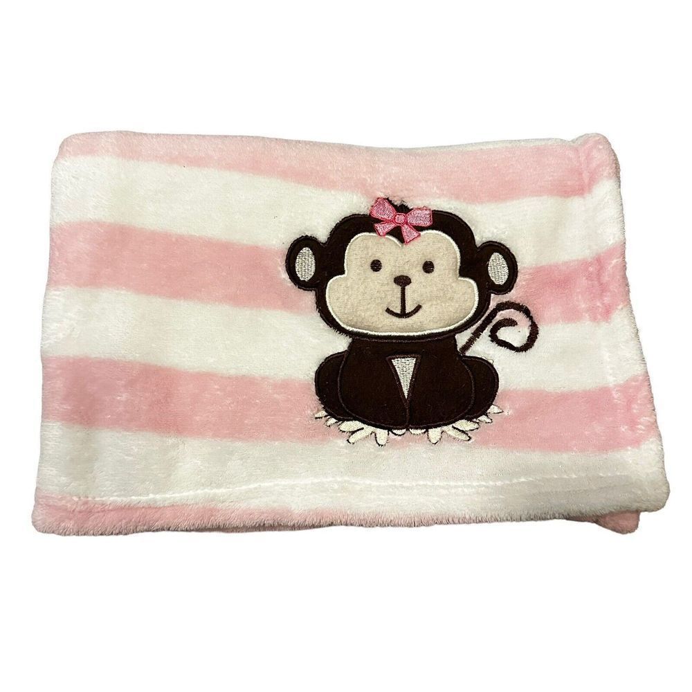 SNUGLY BABY Pink White Striped Print Fleece Monkey Bow‎ Blanket Lovey HTF
